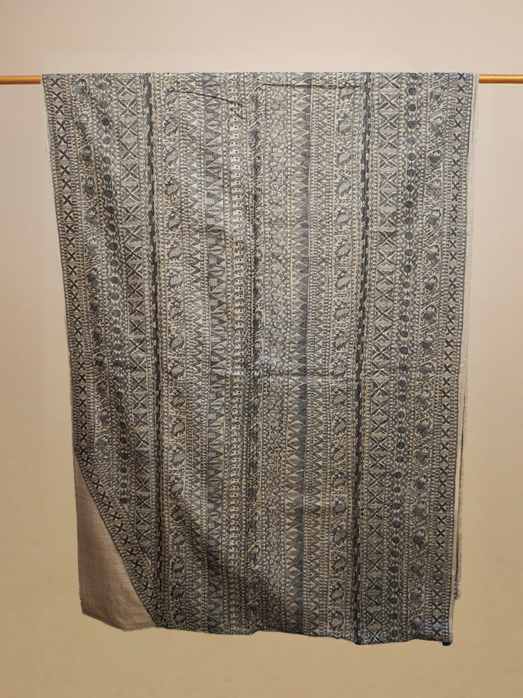 Beige Hand Painted Madhubani Tusaar Silk Saree
