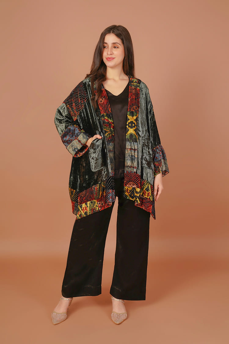Aasra Olive Green Velvet Overlay