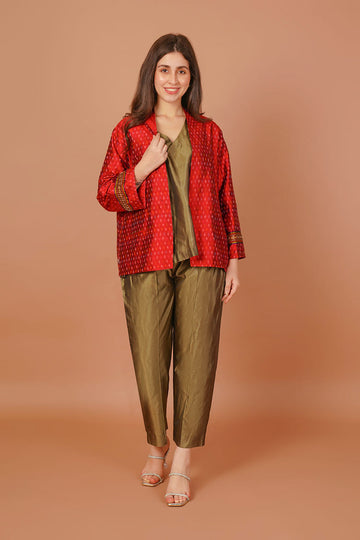Scarlet Red Ikat Raw Silk Short Jacket