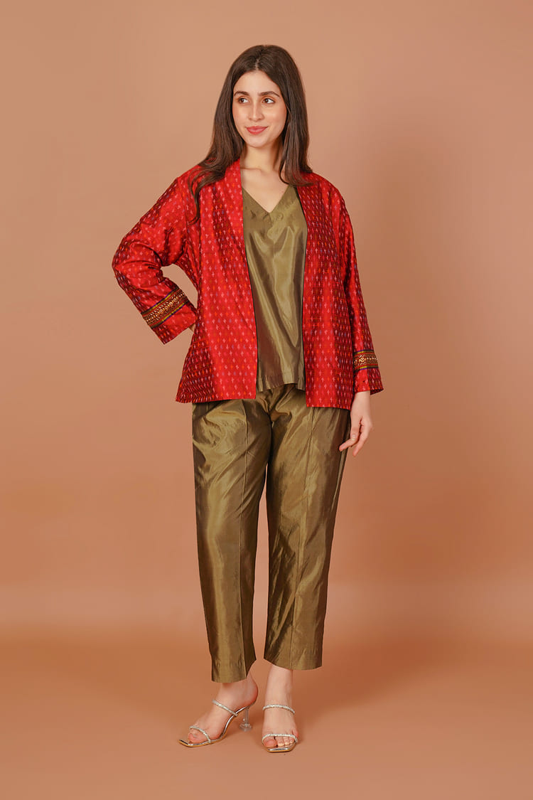 Scarlet Red Ikat Raw Silk Short Jacket
