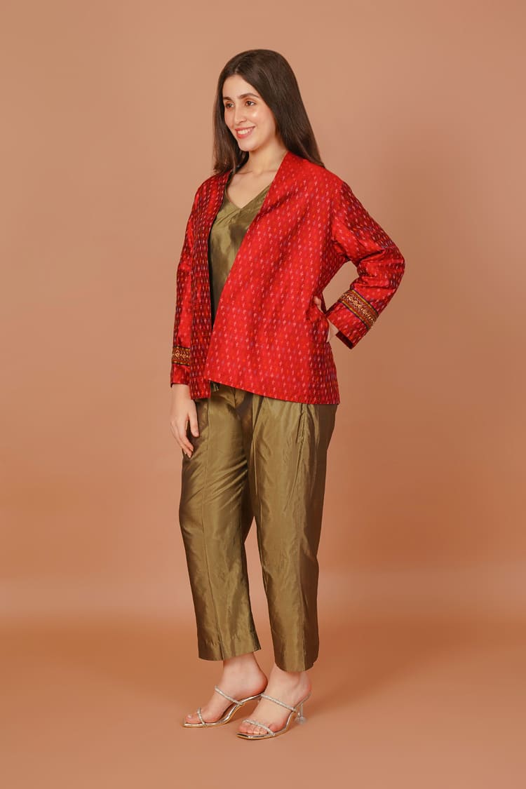 Scarlet Red Ikat Raw Silk Short Jacket