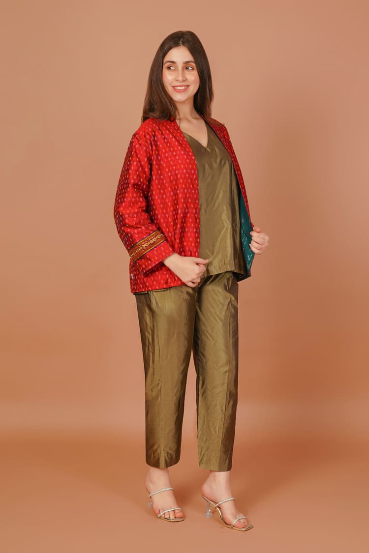 Scarlet Red Ikat Raw Silk Short Jacket