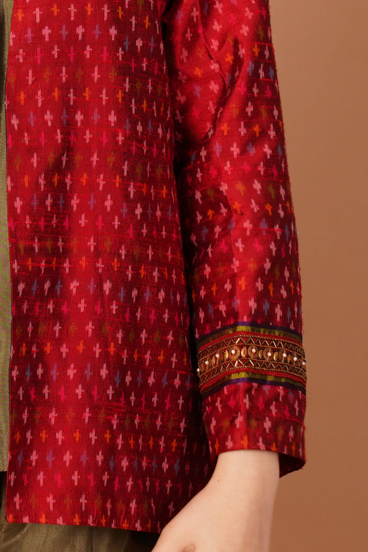 Scarlet Red Ikat Raw Silk Short Jacket
