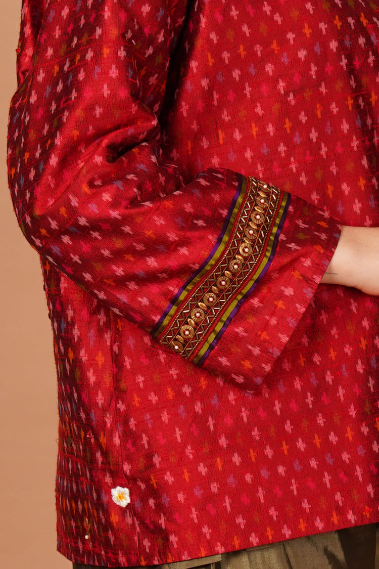 Scarlet Red Ikat Raw Silk Short Jacket