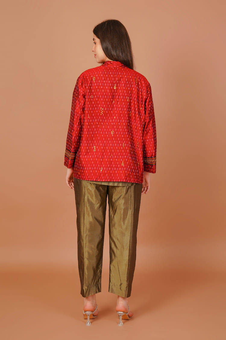 Scarlet Red Ikat Raw Silk Short Jacket