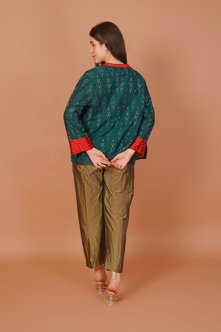 Scarlet Red Ikat Raw Silk Short Jacket