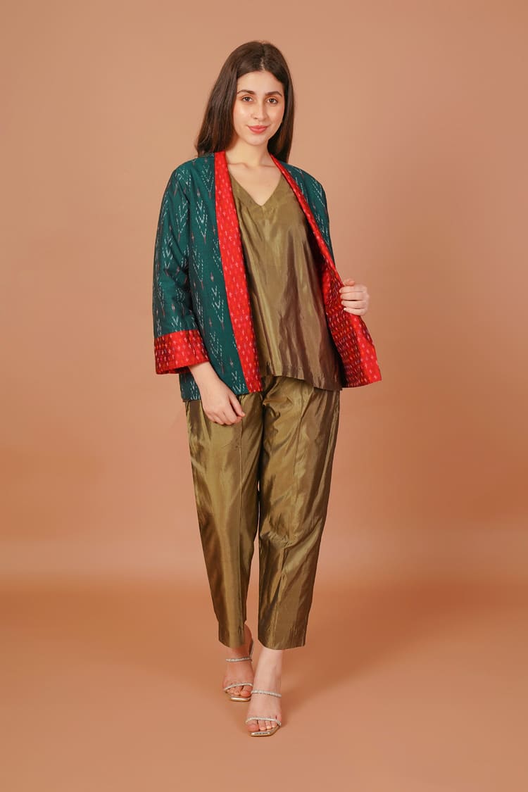 Scarlet Red Ikat Raw Silk Short Jacket