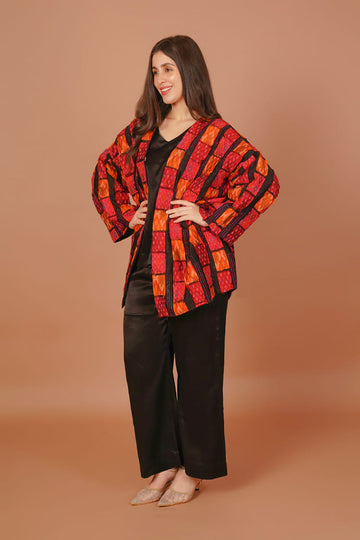 Sunset Orange & Red Ikat Raw Silk Overlay