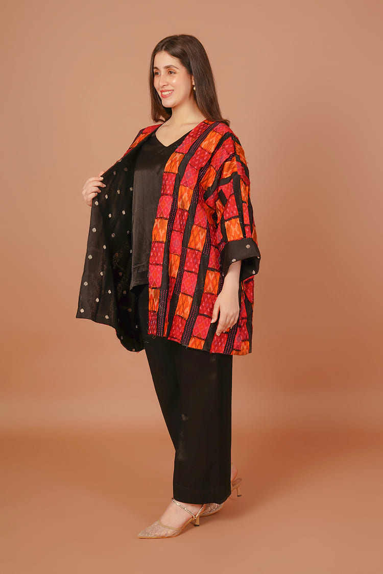 Sunset Orange & Red Ikat Raw Silk Overlay