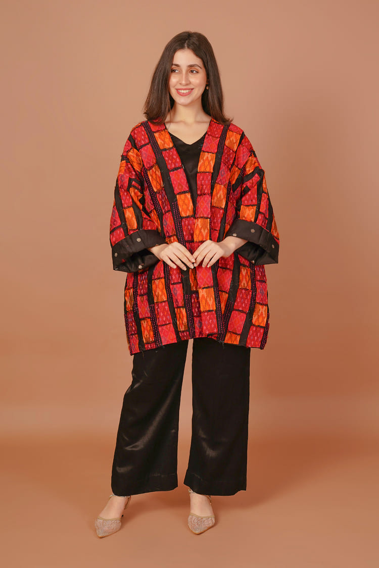 Sunset Orange & Red Ikat Raw Silk Overlay