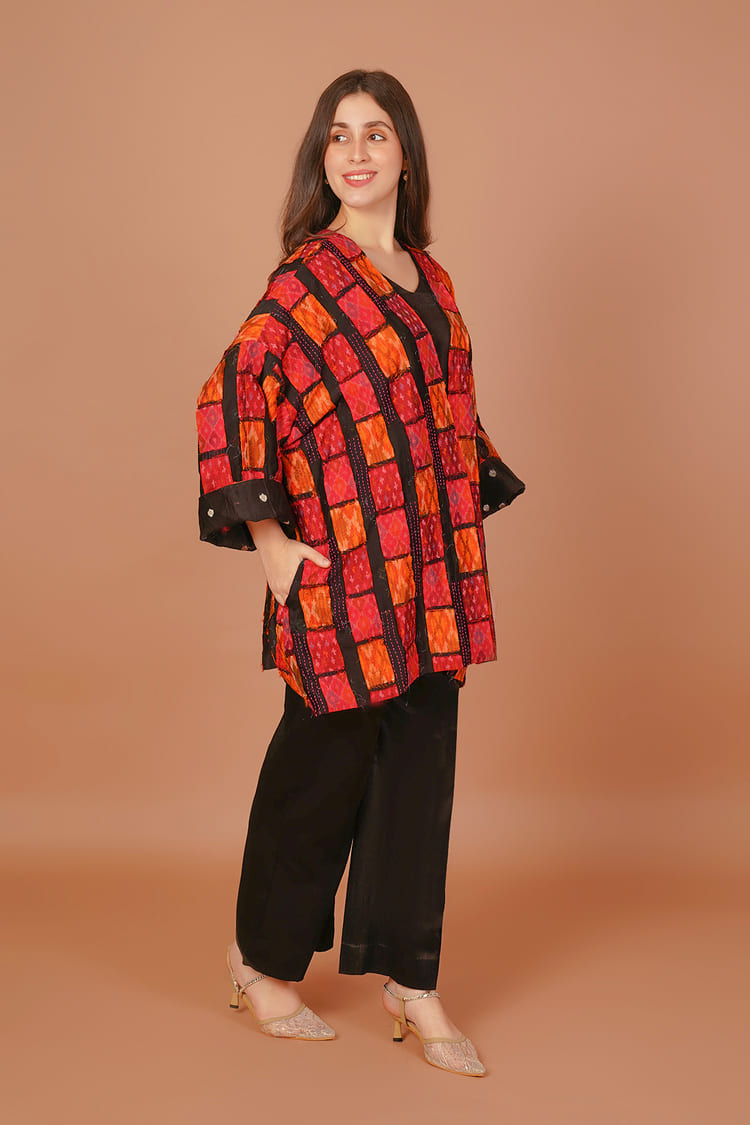 Sunset Orange & Red Ikat Raw Silk Overlay