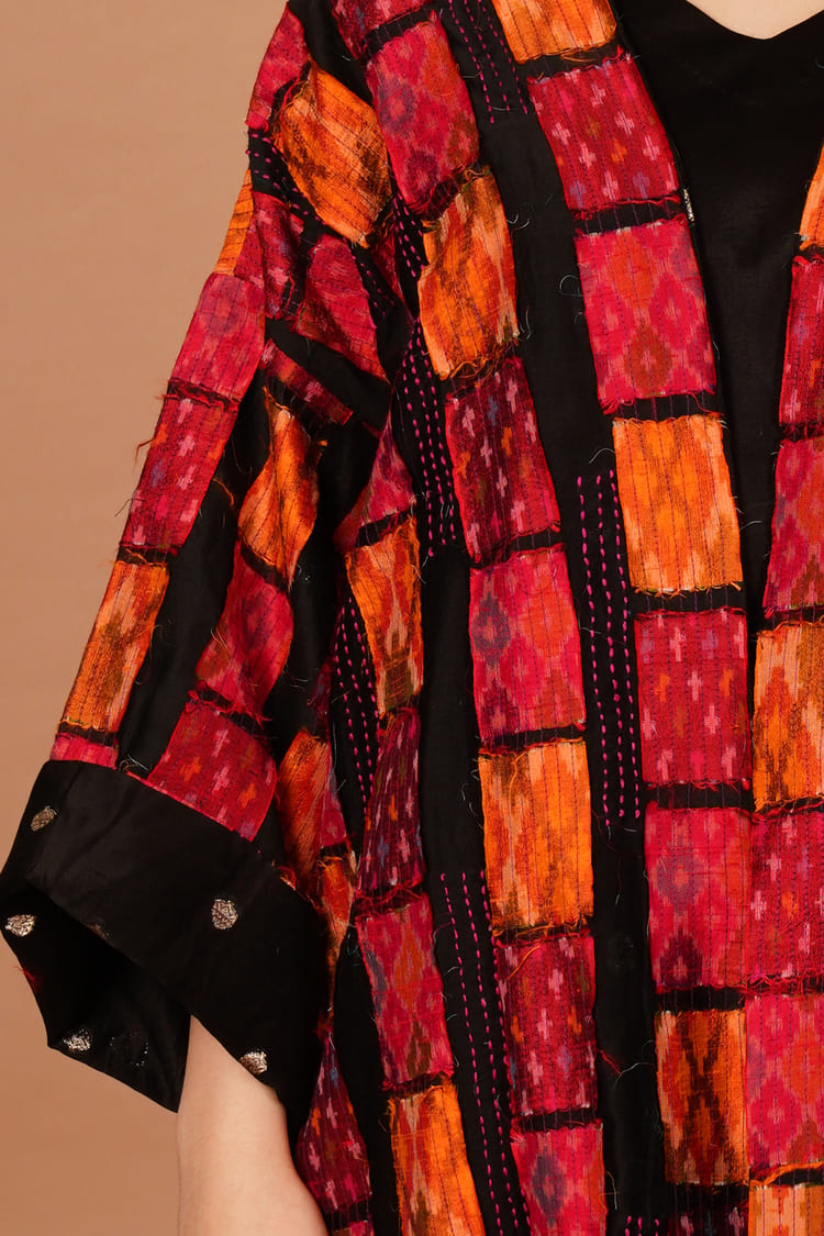Sunset Orange & Red Ikat Raw Silk Overlay