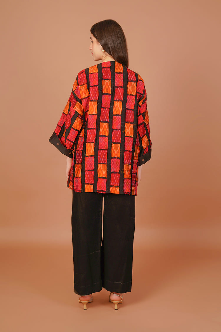 Sunset Orange & Red Ikat Raw Silk Overlay