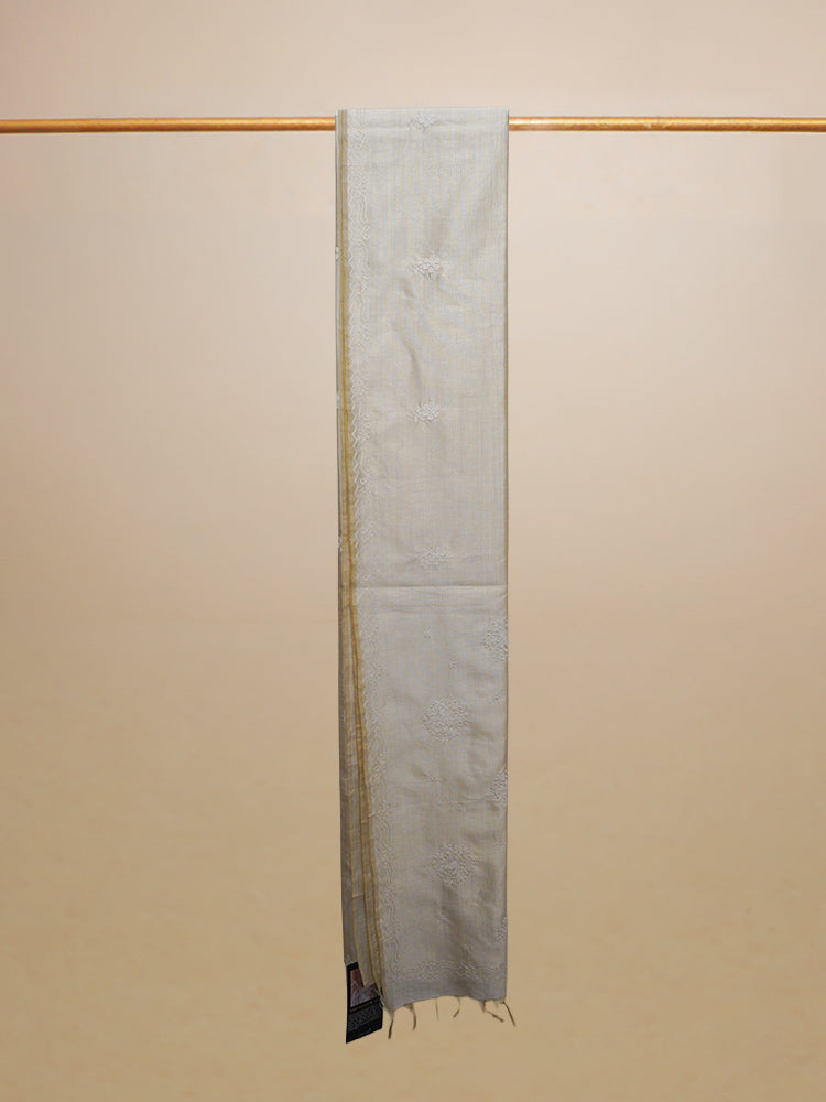 White & Cream Kashmiri Aari Work Cocoon Silk Saree