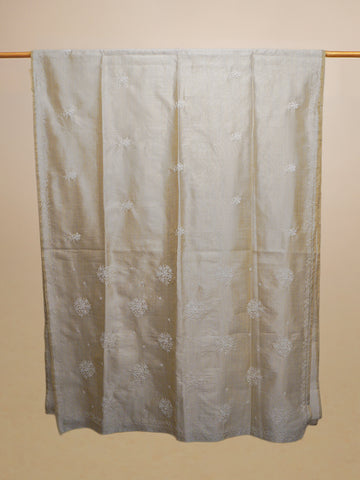 White & Cream Kashmiri Aari Work Cocoon Silk Saree