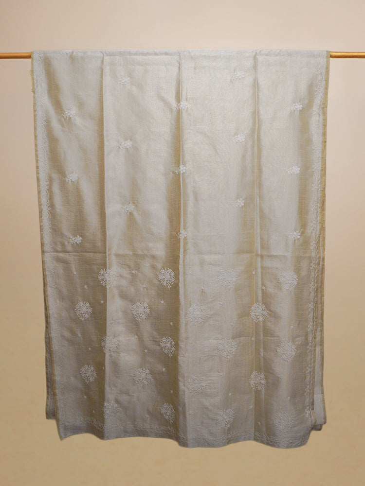 White & Cream Kashmiri Aari Work Cocoon Silk Saree