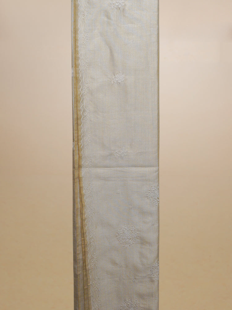 White & Cream Kashmiri Aari Work Cocoon Silk Saree