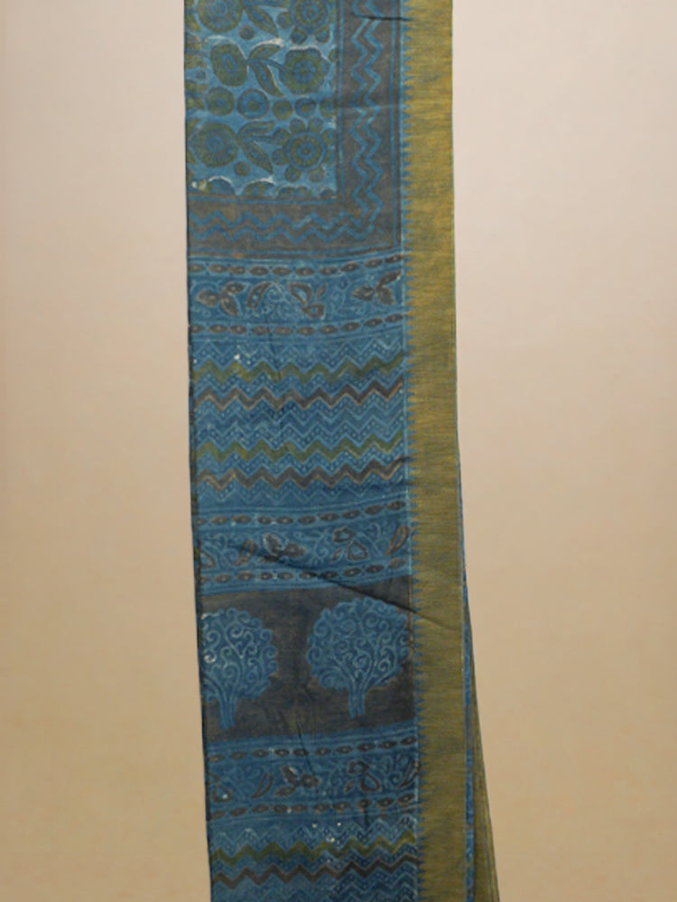 Blue Dabu Block Printing Cotton Silk