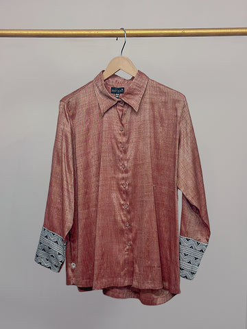 Peach Kosa Silk & off white Kantha Detail Shirt