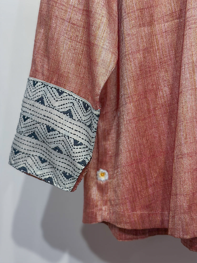 Peach Kosa Silk & off white Kantha Detail Shirt