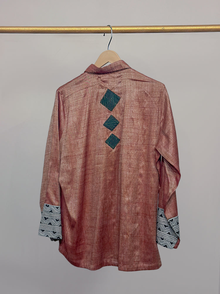 Peach Kosa Silk & off white Kantha Detail Shirt