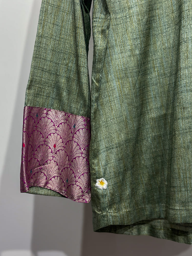 Green kosa silk & Pink brocade detail shirt