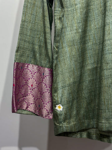 Green kosa silk & Pink brocade detail shirt