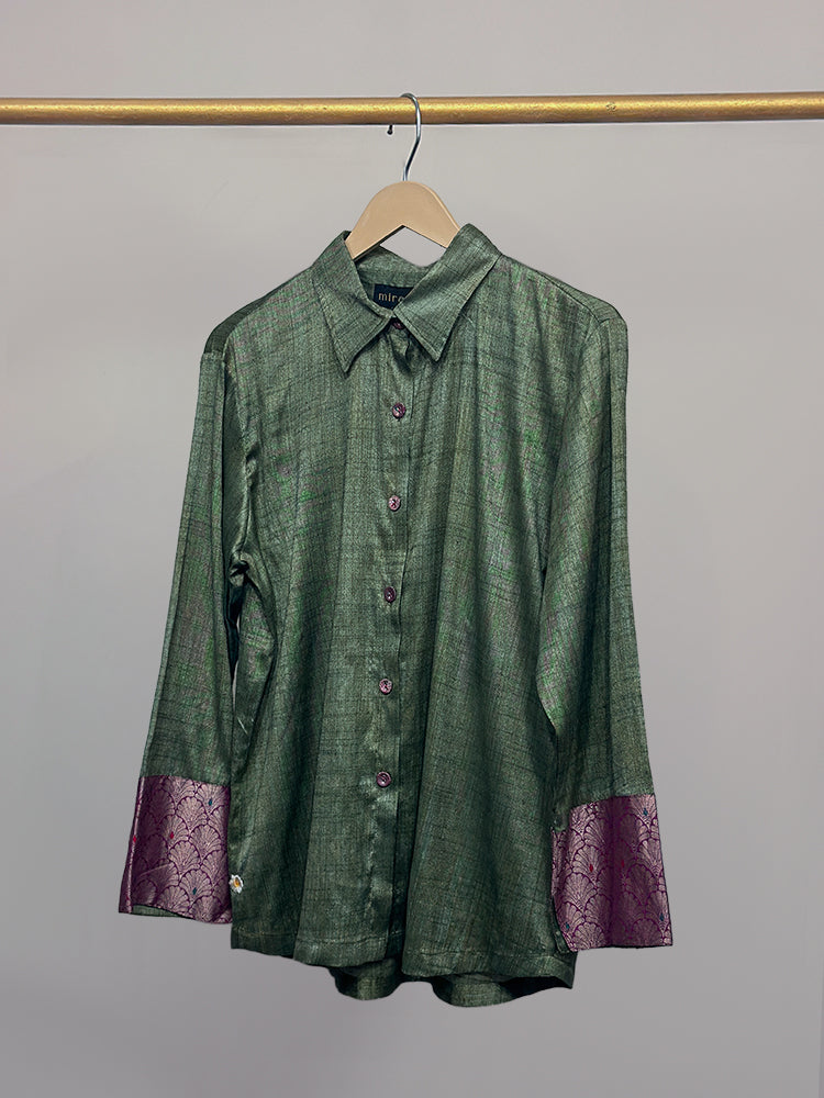 Green kosa silk & Pink brocade detail shirt