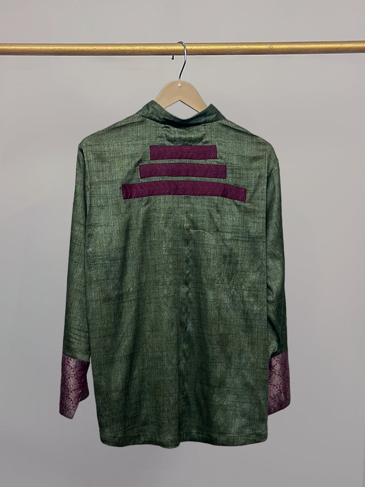 Green kosa silk & Pink brocade detail shirt