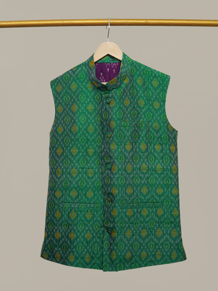 Gemini Green Ikkat Raw Silk Bandi