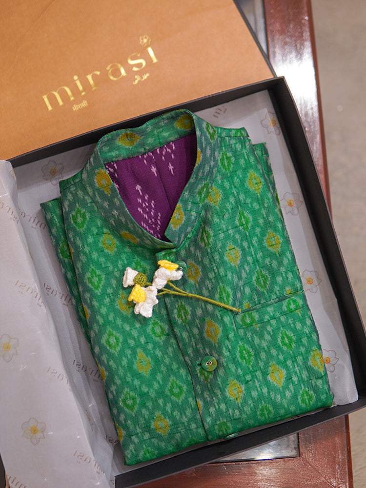 Gemini Green Ikkat Raw Silk Bandi