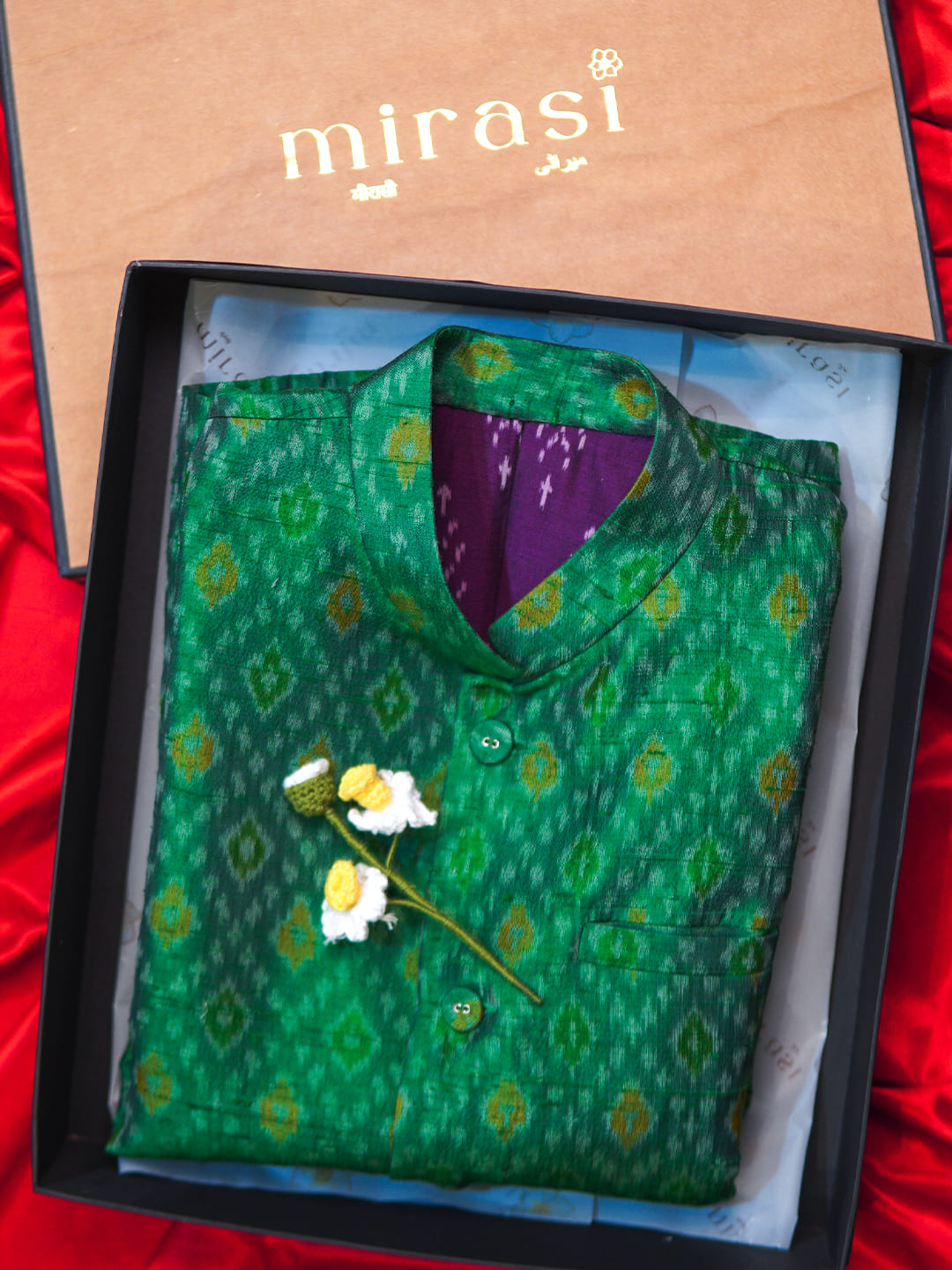 Gemini Green Ikkat Raw Silk Bandi