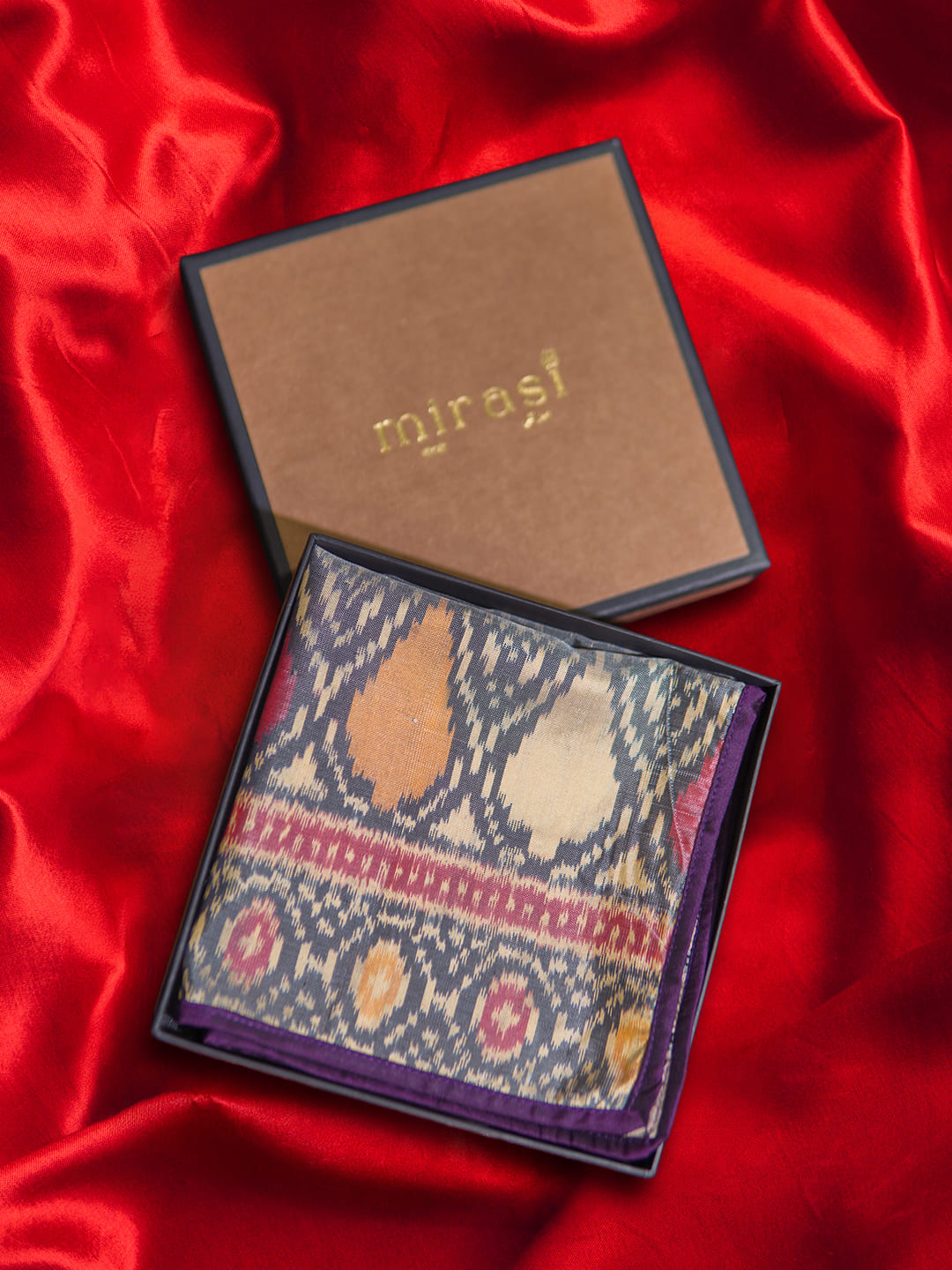 Beige & Orange Patola single Pocket Square Gift box
