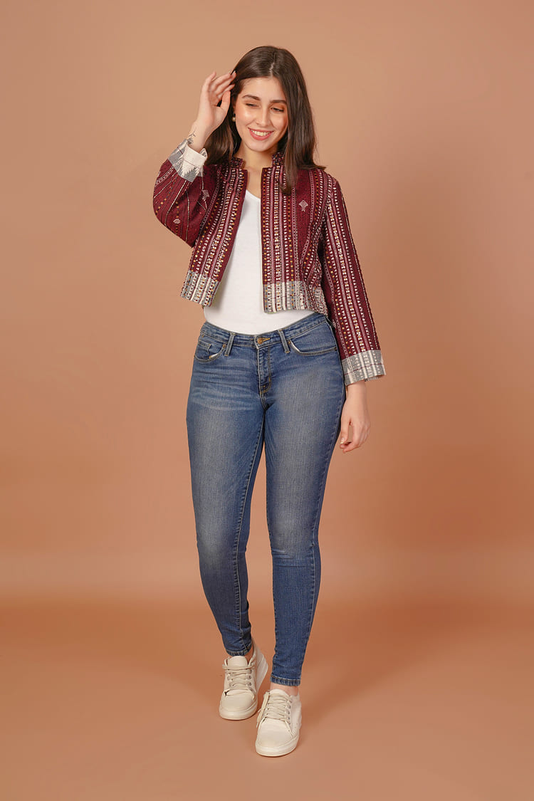 Garnet Maroon Kotpad Crop Jacket