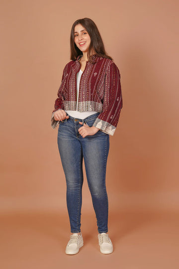 Garnet Maroon Kotpad Crop Jacket