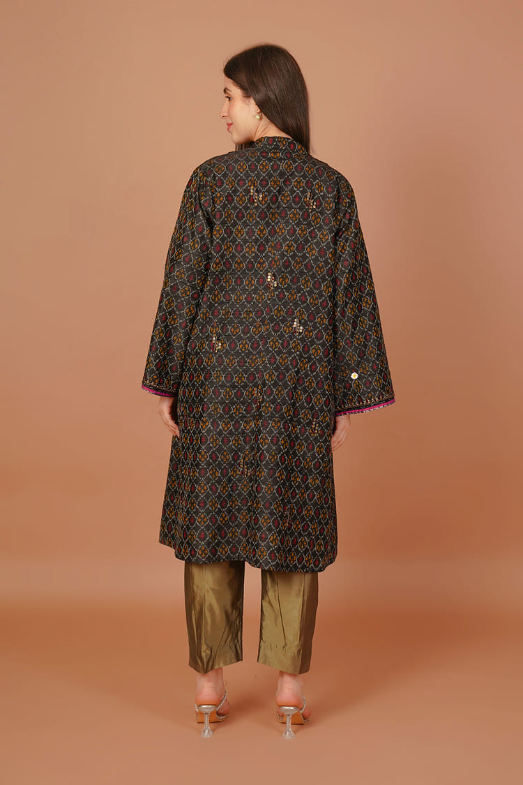 Nocturne Black Ikat Raw Silk Long Jacket