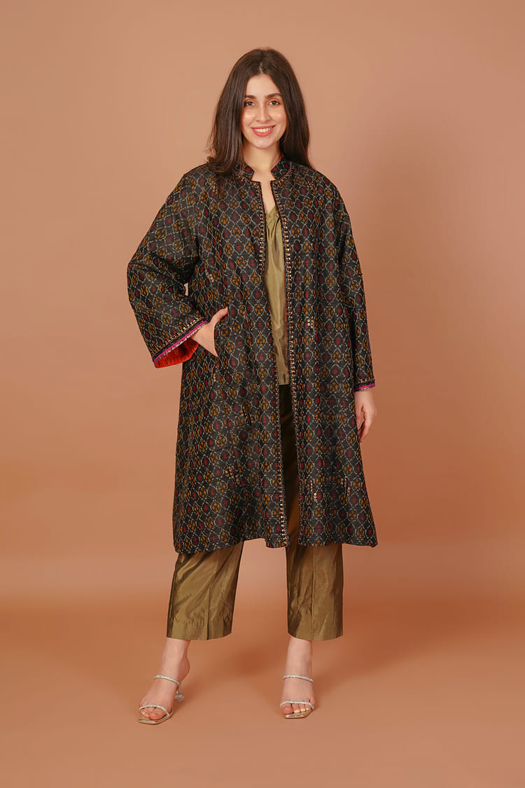 Nocturne Black Ikat Raw Silk Long Jacket