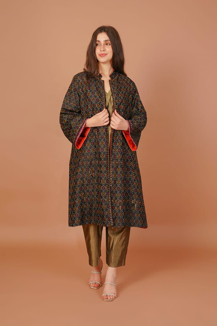 Nocturne Black Ikat Raw Silk Long Jacket