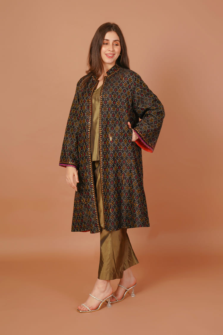 Nocturne Black Ikat Raw Silk Long Jacket