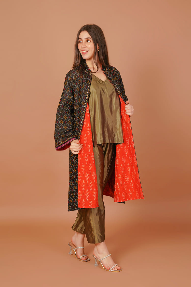 Nocturne Black Ikat Raw Silk Long Jacket