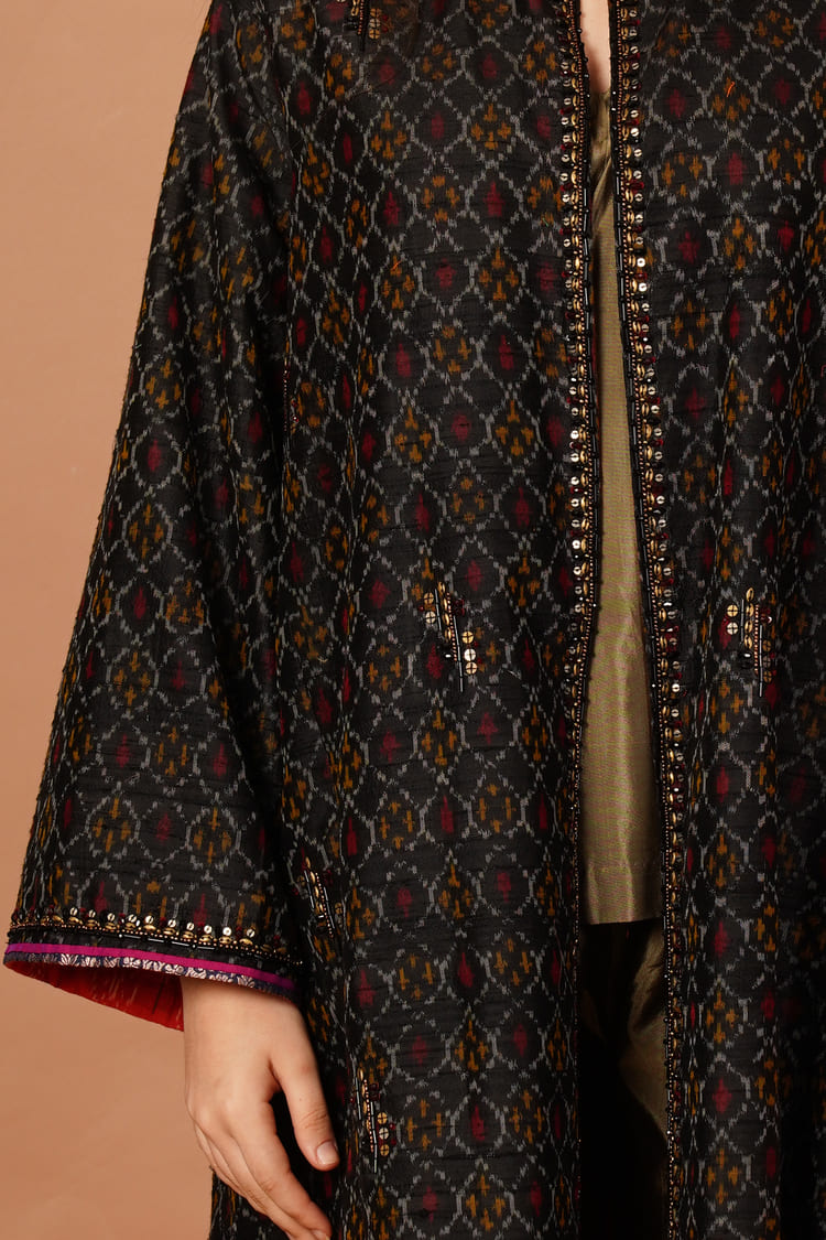 Nocturne Black Ikat Raw Silk Long Jacket