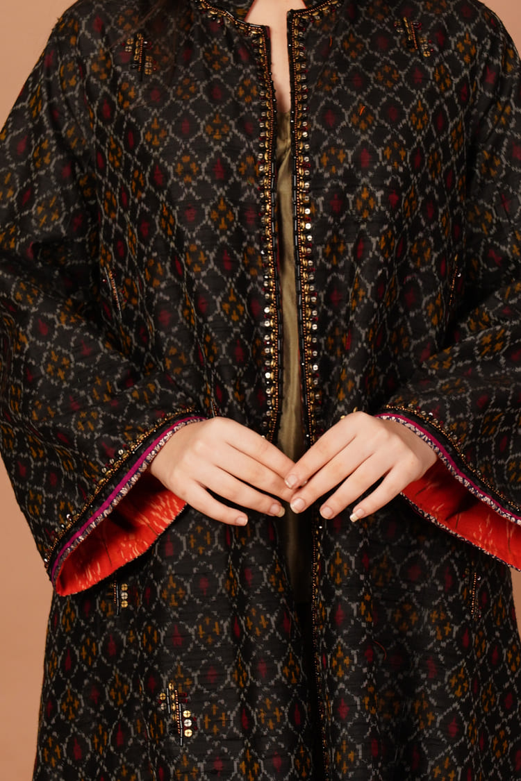 Nocturne Black Ikat Raw Silk Long Jacket