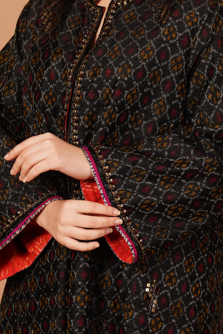 Nocturne Black Ikat Raw Silk Long Jacket