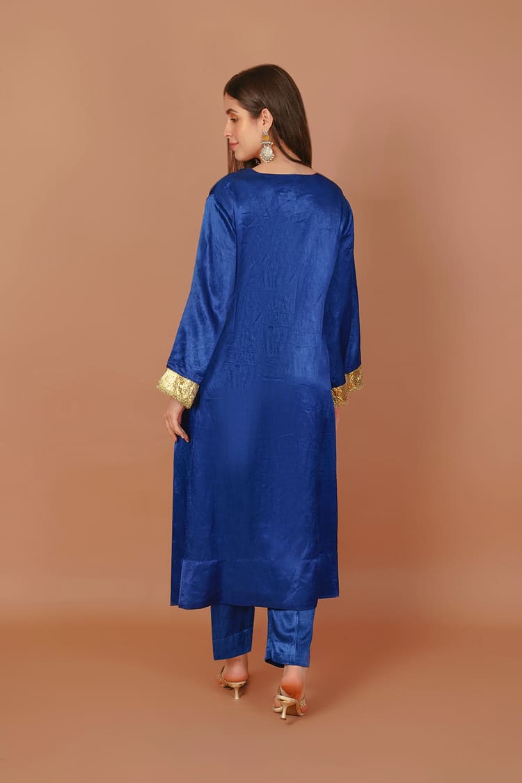 Sapphire Rain Blue Mashru V-Neck Coord Set