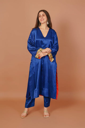 Sapphire Rain Blue Mashru V-Neck Coord Set