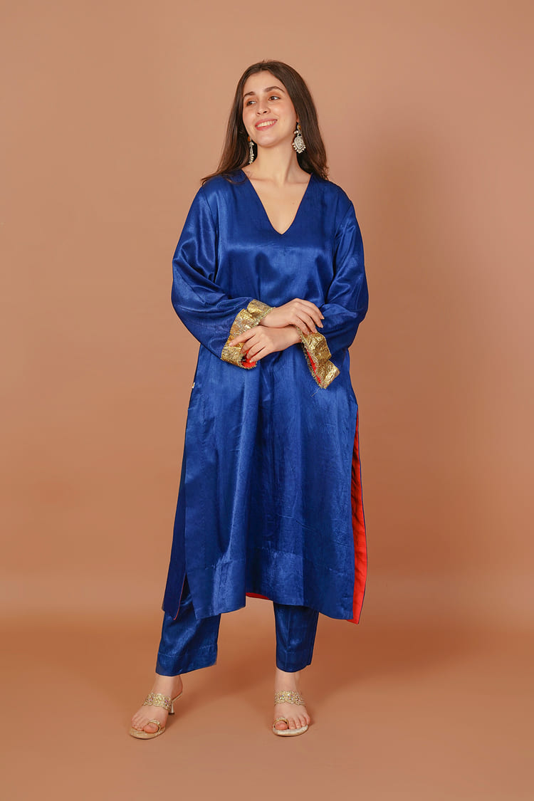 Sapphire Rain Blue Mashru V-Neck Coord Set