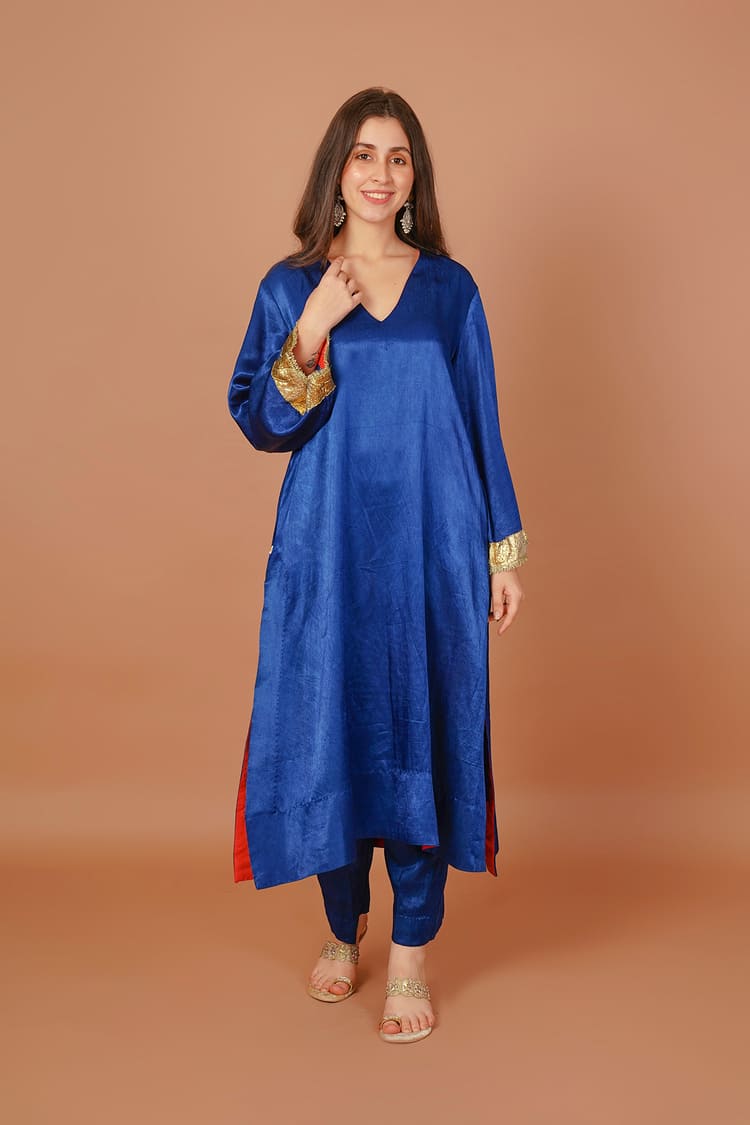 Sapphire Rain Blue Mashru V-Neck Coord Set