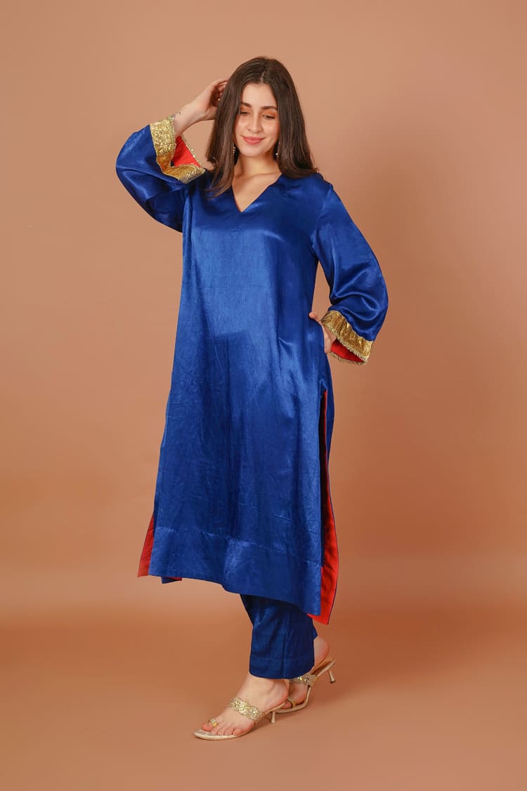 Sapphire Rain Blue Mashru V-Neck Coord Set
