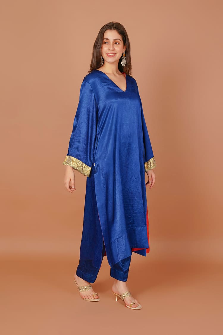 Sapphire Rain Blue Mashru V-Neck Coord Set