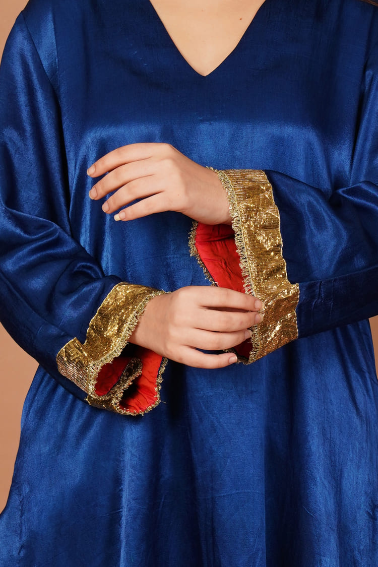 Sapphire Rain Blue Mashru V-Neck Coord Set